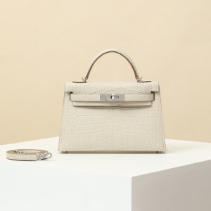 【 Special Order 】 KellyMini2   8L Glacier White/Misty American Crocodile/PHW (pressed square mouth)