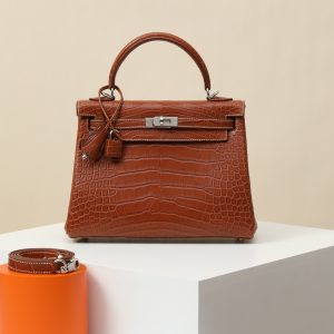 【 Special Order 】 Kelly25 Saddle Brown/Saddle American Crocodile/PHW (Compressed Square Mouth)