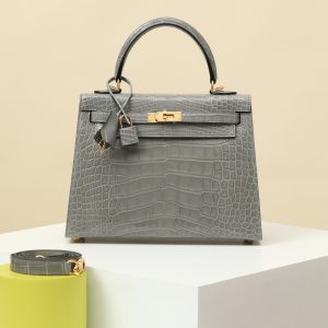 【 Special Order 】 Kelly25  0V crystal gray/glossy American crocodile /PHG (Squeezing Mouth)